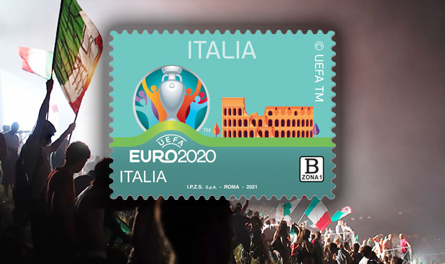 L’Italia, il trofeo e il Colosseo nel francobollo dedicato a Euro 2020