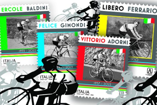 Ferrario, Baldini, Adorni e Gimondi: i francobolli per i ciclisti campioni del mondo