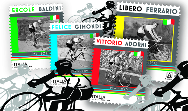 Ferrario, Baldini, Adorni e Gimondi: i francobolli per i ciclisti campioni del mondo